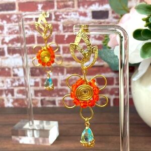 Handmade Teardrop Orange Earrings-Tiny Flower Drop earrings